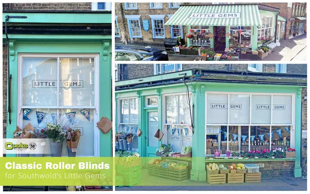 Classic Roller Blinds installed on a shop called Little Gems in their branding and colours