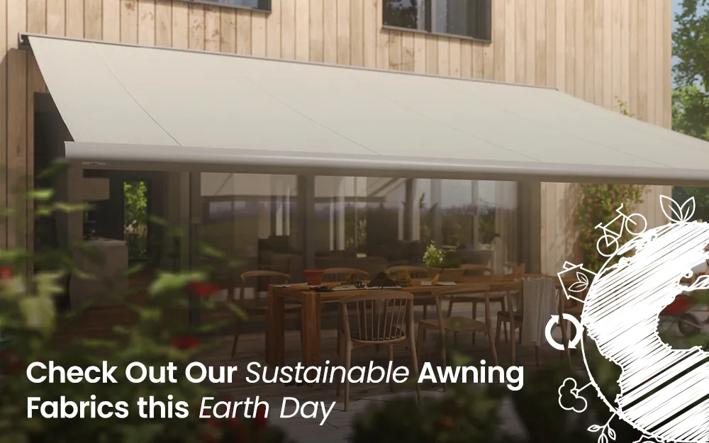 image of a sustainable awning with an icon of the earth for earth day