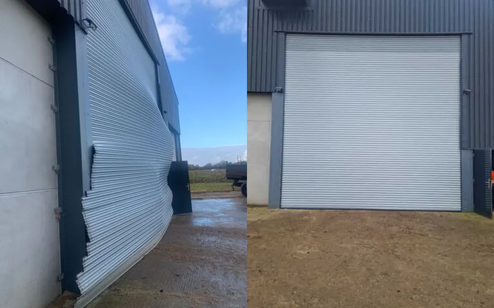 before and after of damaged roller door replacement