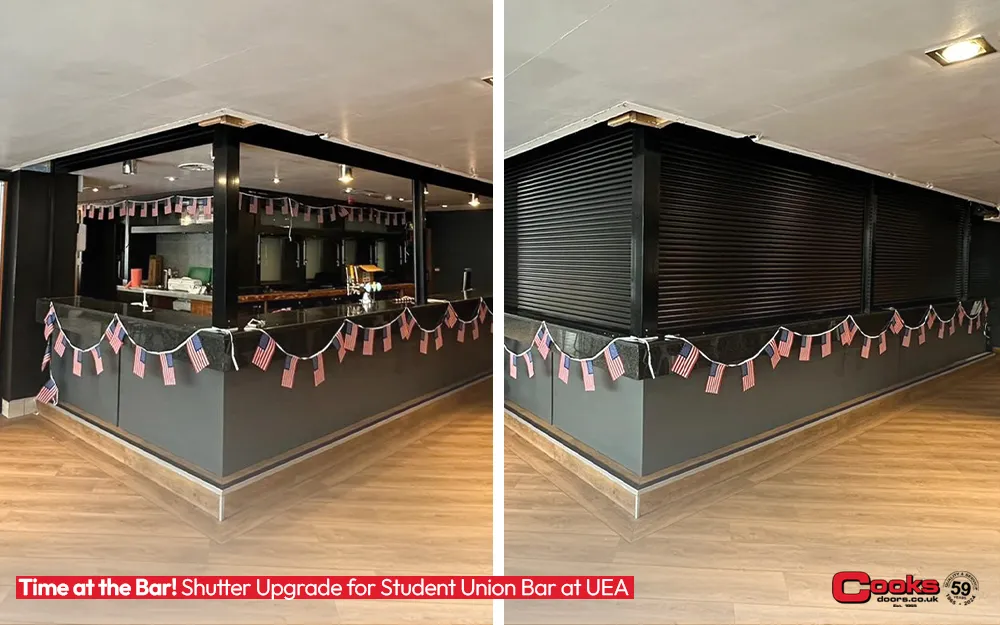 open and shut shutters at the Student Union bar UEA