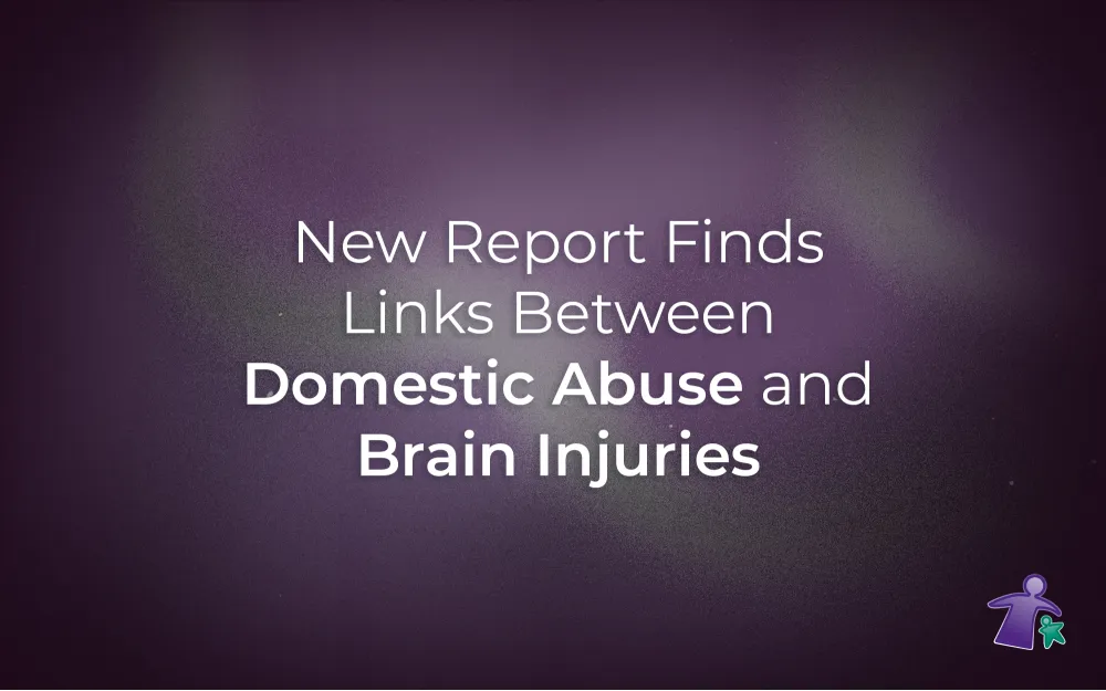 blurred purple background with overlaying text that reads 'New Report Finds Links Between Domestic Abuse and Brain Injuries' and the Leeway Logo in the corner