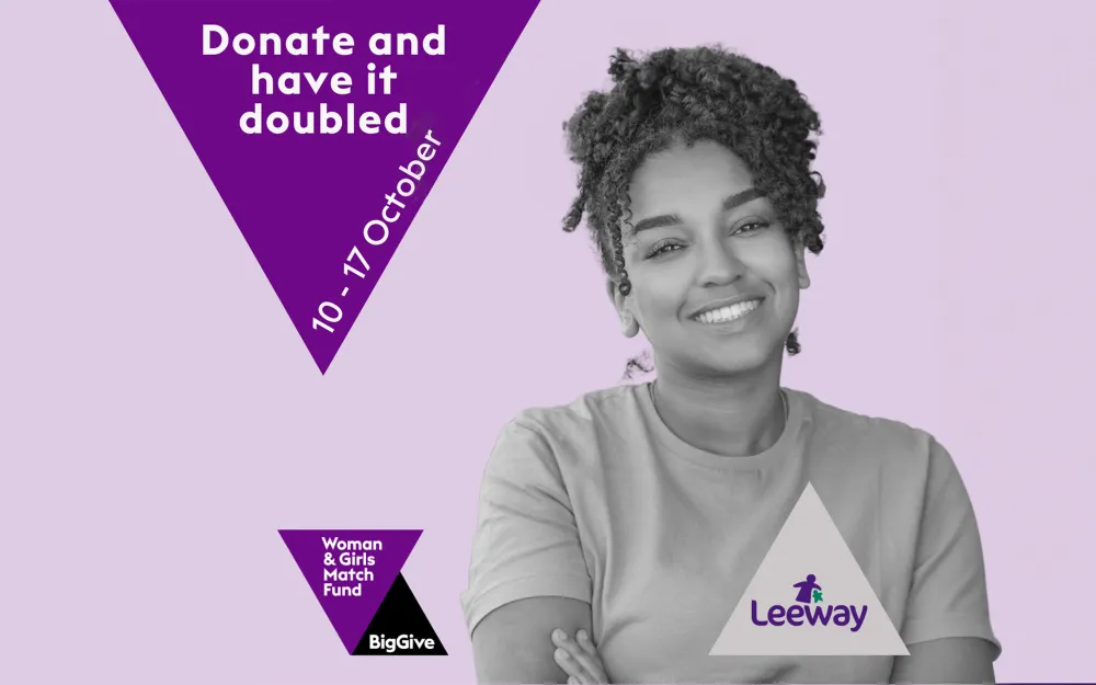 Smiling woman with invitation to donate to Leeway