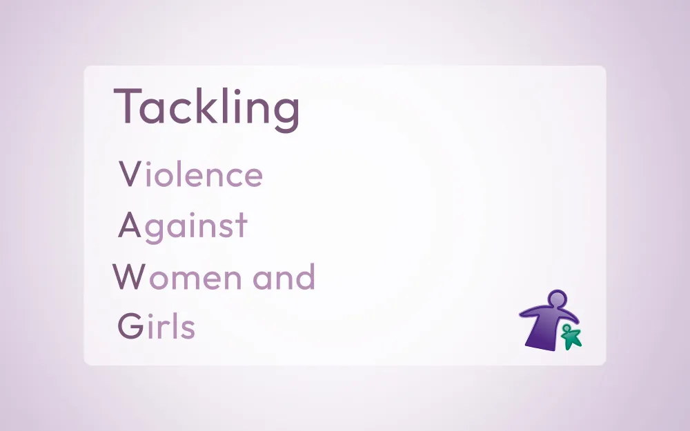 text that reads Tackling VAWG (Violence Against Women and Girls) with the Leeway logo
