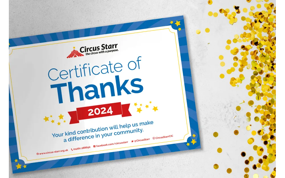 certificate of thanks from Circus Starr