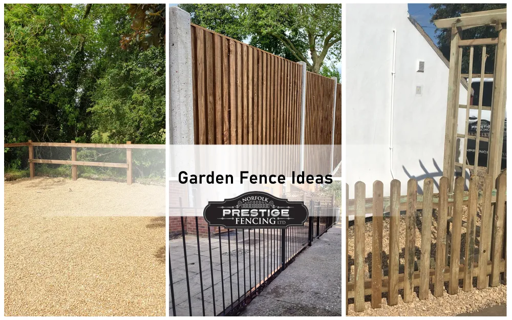 Four image examples of Norfolk Prestige Fencng' fences behind their logo