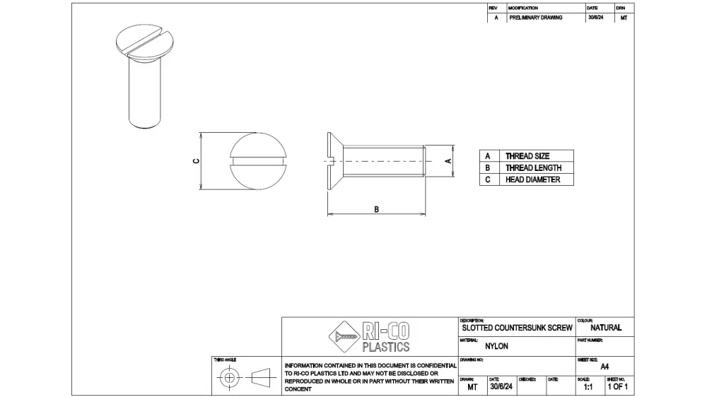 Nylon Countersunk Screws - M3.5 x 35mm