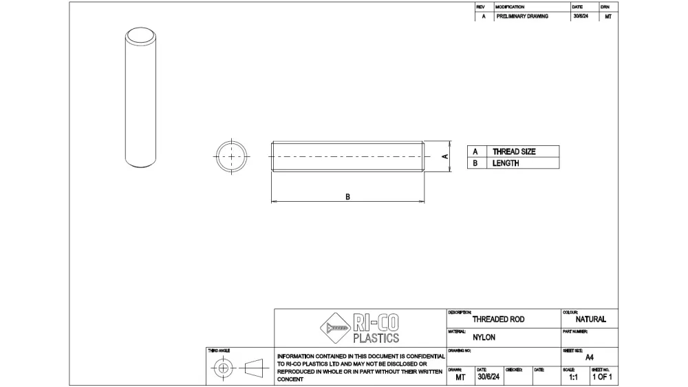 Nylon Threaded Rod - M8 x 20mm